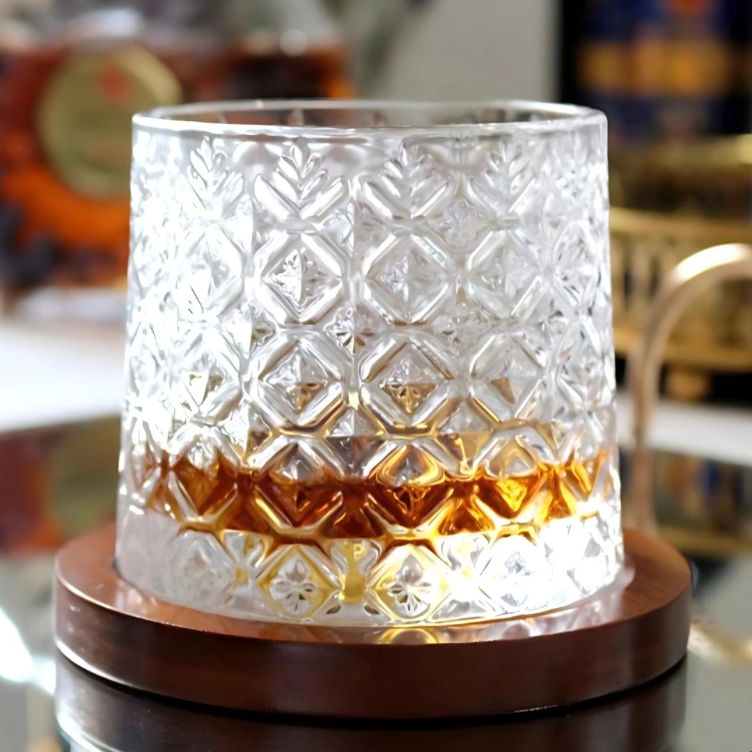 VASO VIDRIO GIRATORIO CON BASE MADERA