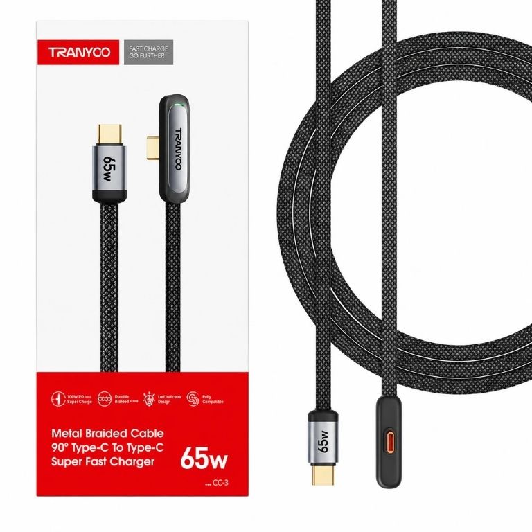 Cable USB-C a USB-C 65 W mallado, angular y con LED de 1,2 m