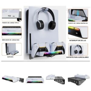 Soporte de pared para PS5 Slim con carga doble y luz RGB