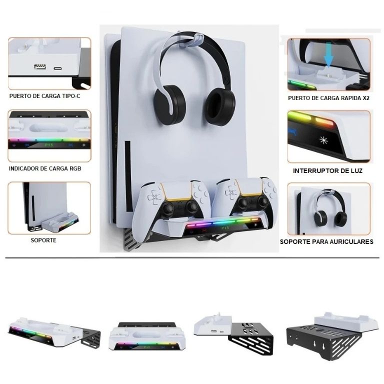 Soporte de pared para PS5 Slim con carga doble y luz RGB